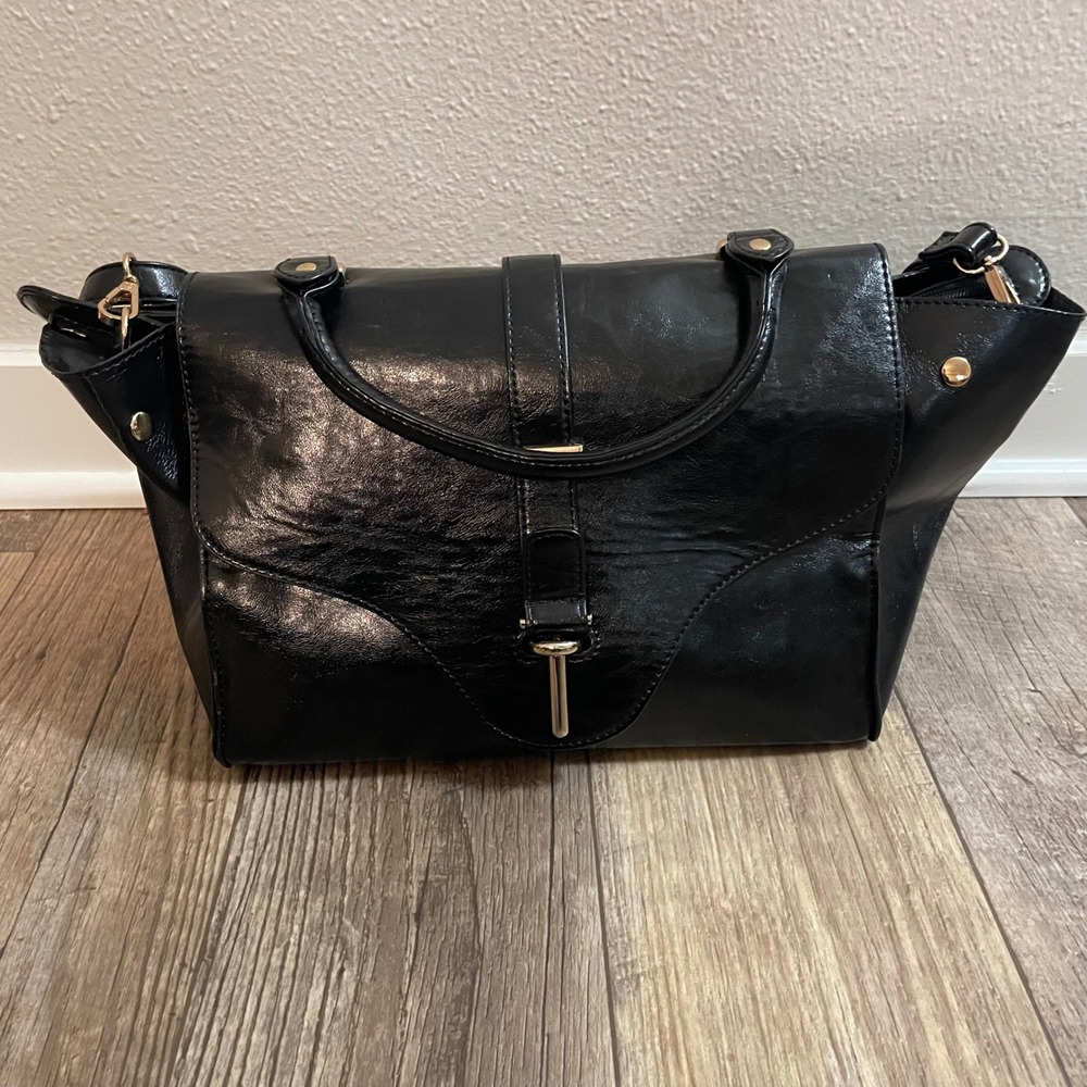 Melie Blanco Black Vegan Leather Satchel Crossbody Bag Gold Hardware Polka Dot